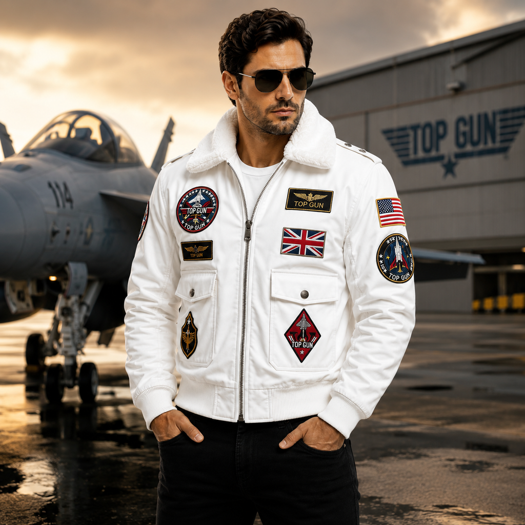 Men's White Top Gun Flight Bomber Leather Jacket with Faux Fur Collar