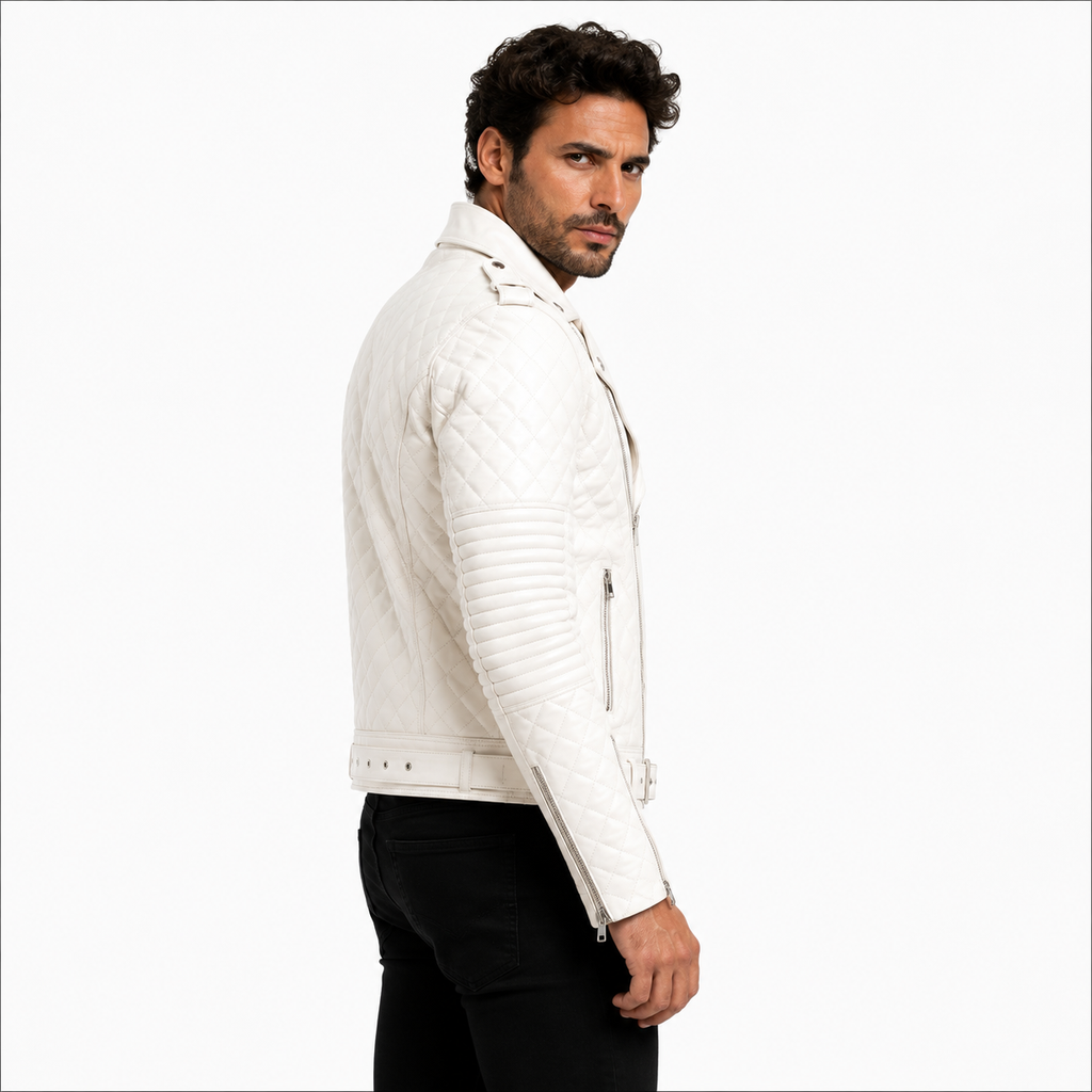 Men's Quilted White Biker Leather Jacket
