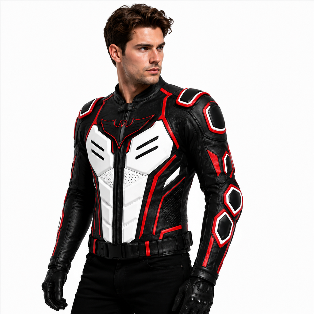 Men's Black Red White Armored Genuine Leather Motorcycle Jacket