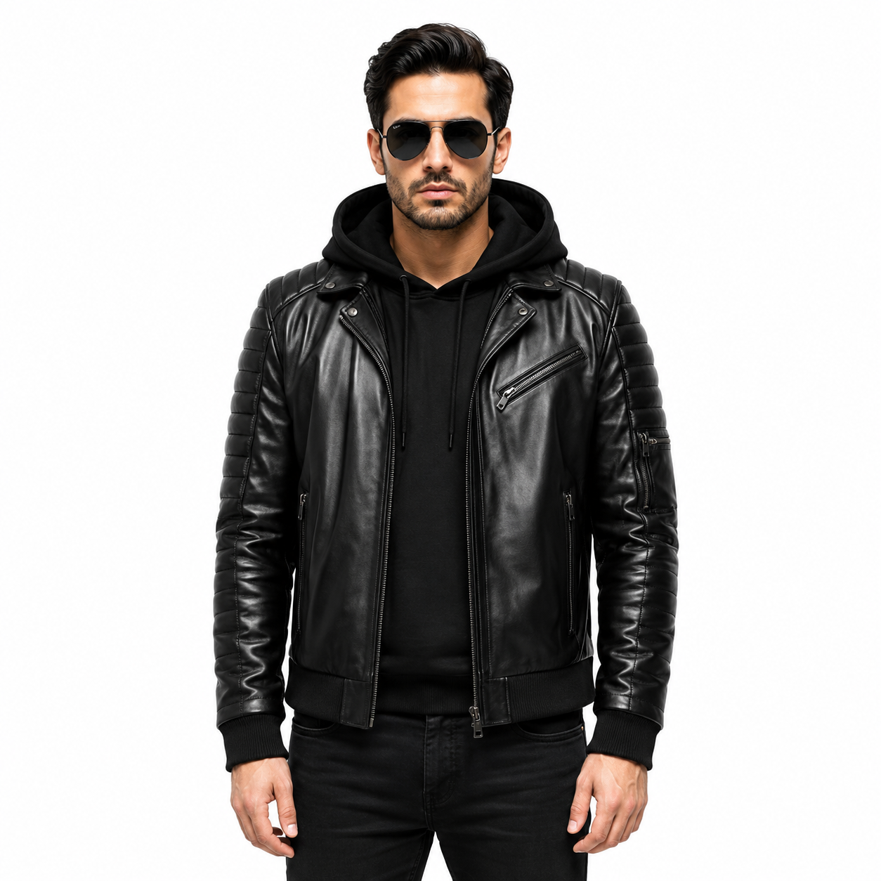 Men's hooded leather biker jacket
