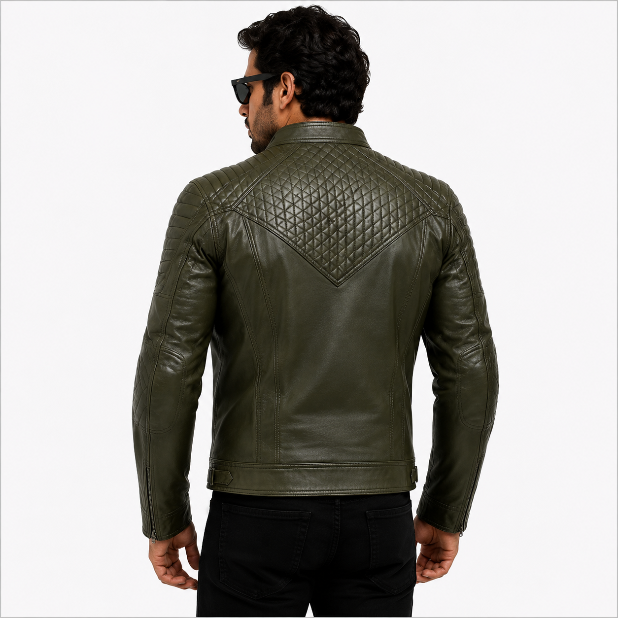 Men's Olive Green Quilted Racer Leather Jacket