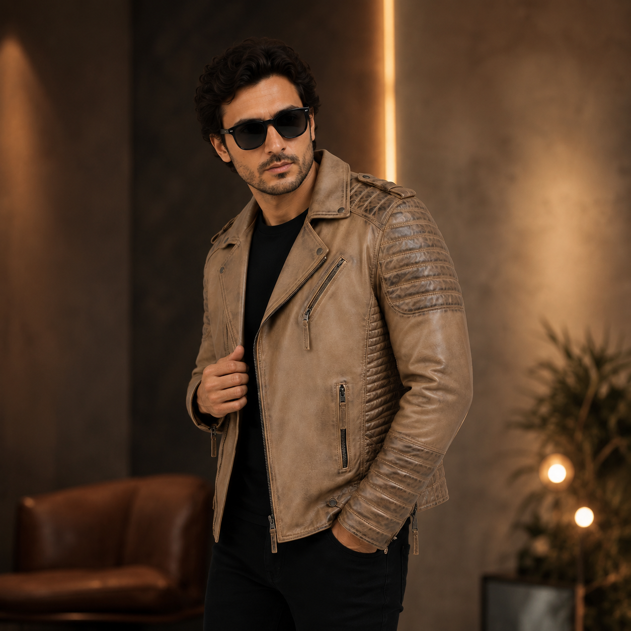 Men's Distressed Beige Taupe Asymmetric Leather Biker Jacket