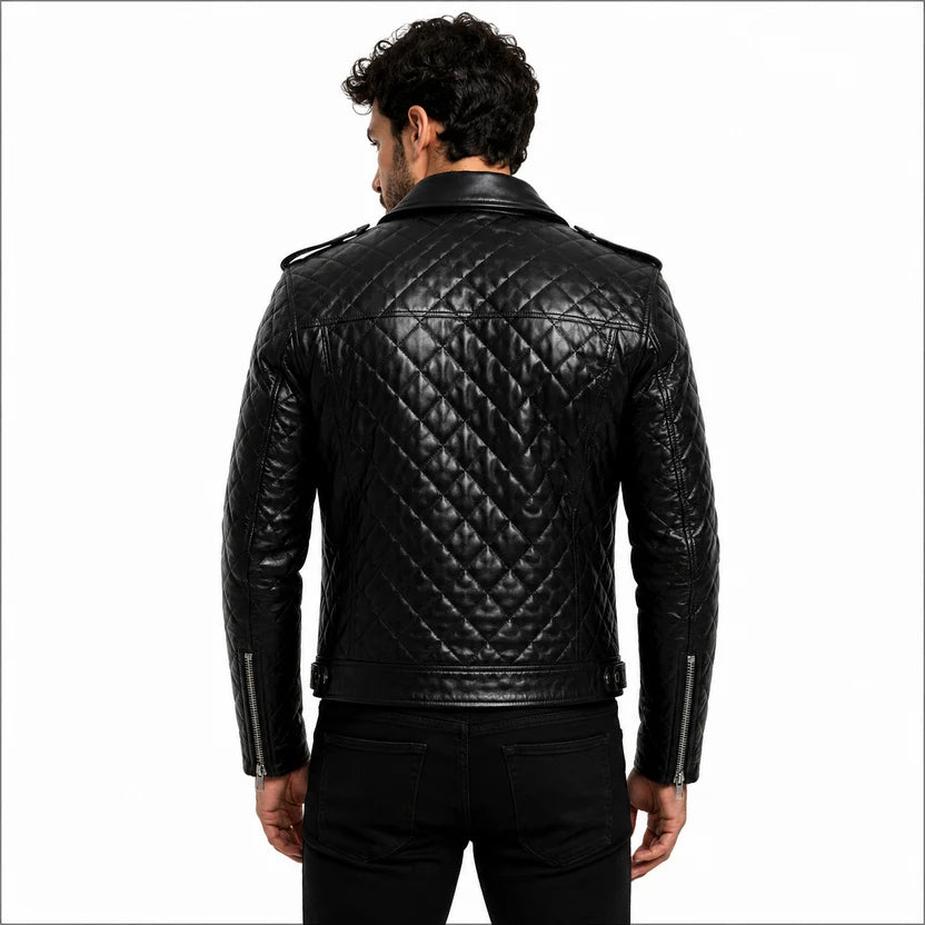 Men's White Leather Quilted Biker Jacket