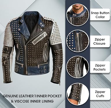 Mens Rock Punk Studded Leather Jacket - Brando Motorcycle Black Biker Leather Jacket Motorbike Spike Outerwear