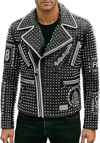 Men's Brando Studded Multi Patches Punk Black Leather Jacket