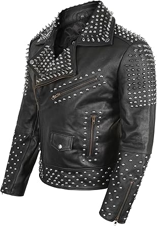 Men's Brando Spike Studded Black Leather Biker Jacket