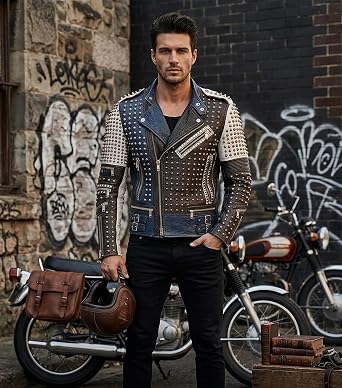 Mens Rock Punk Studded Leather Jacket - Brando Motorcycle Black Biker Leather Jacket Motorbike Spike Outerwear