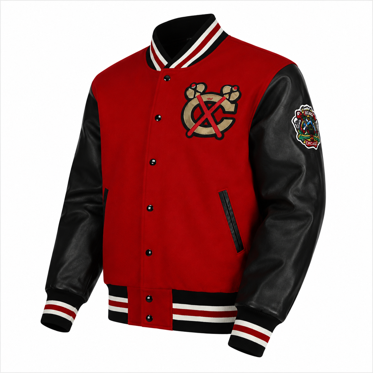 Men's red Chicago Blackhawks NHL bomber jacket leather sleeves