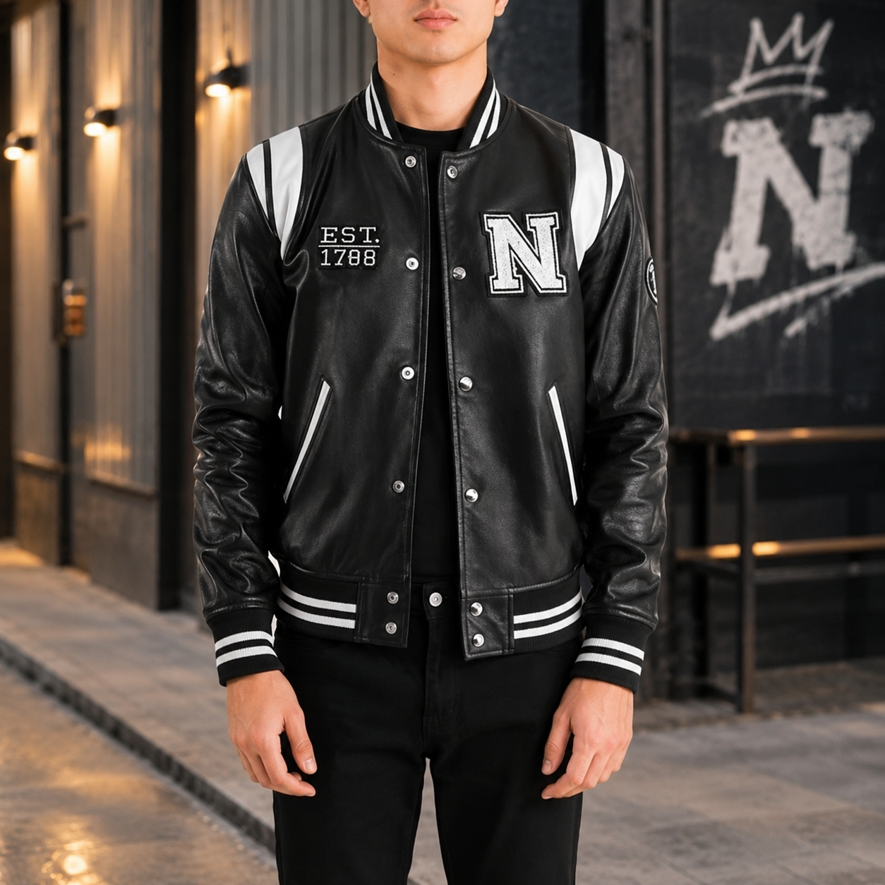 Liberte New York Black Leather Varsity Jacket