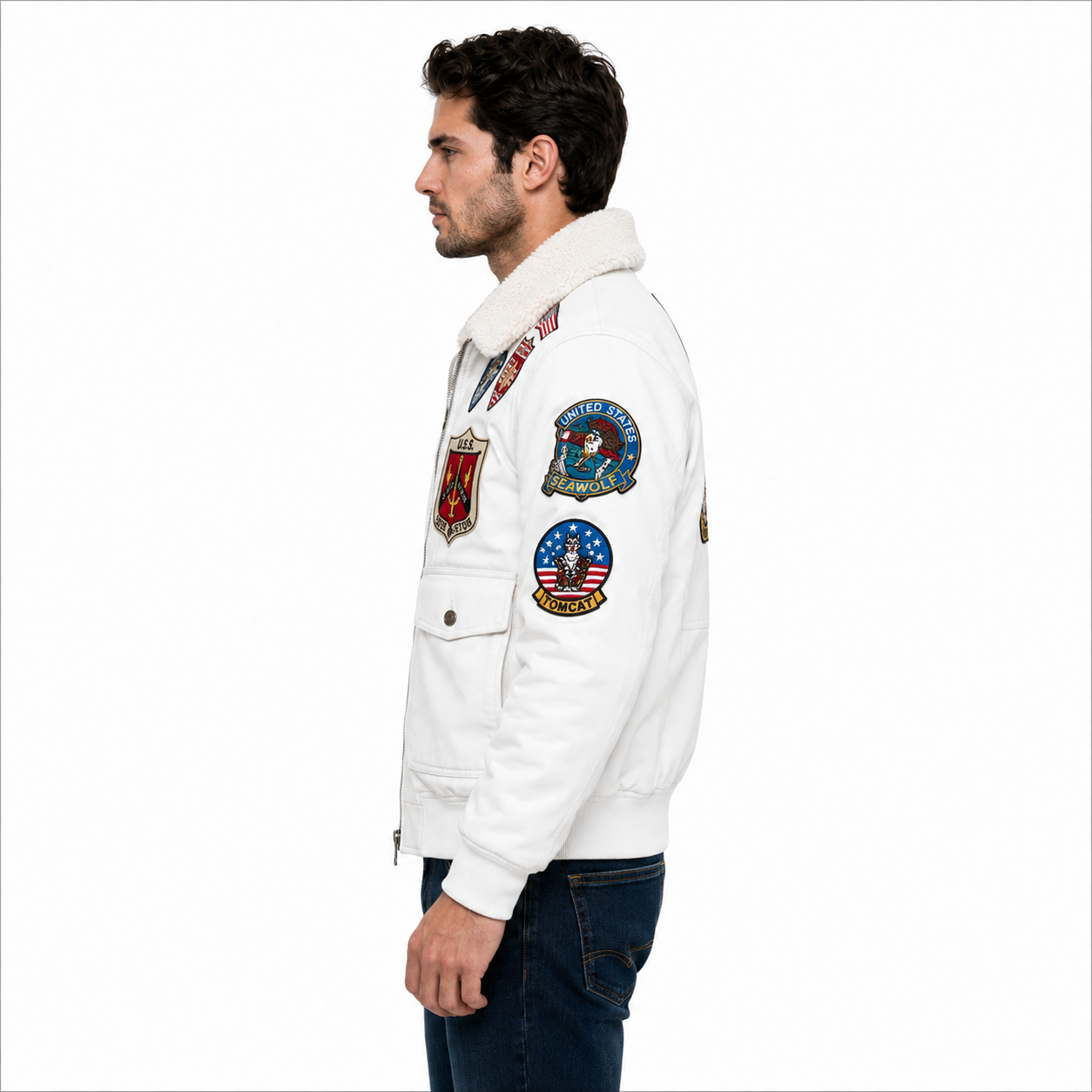 Men's White Top Gun Aviator Leather Jacket