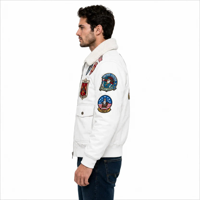 Men's White Leather Aviation Bomber Jacket with Patches