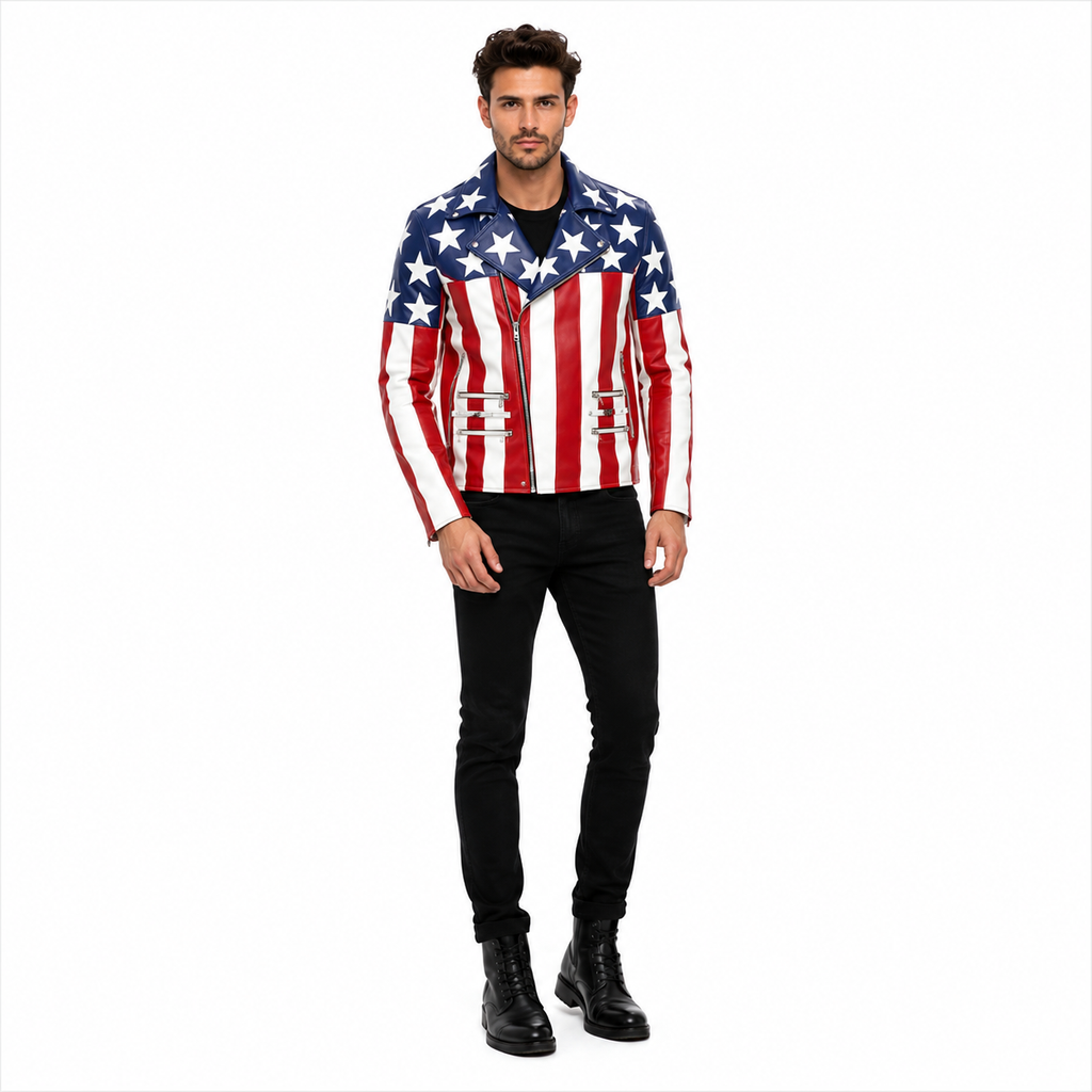 Men's USA Flag American Genuine Leather Biker Jacket