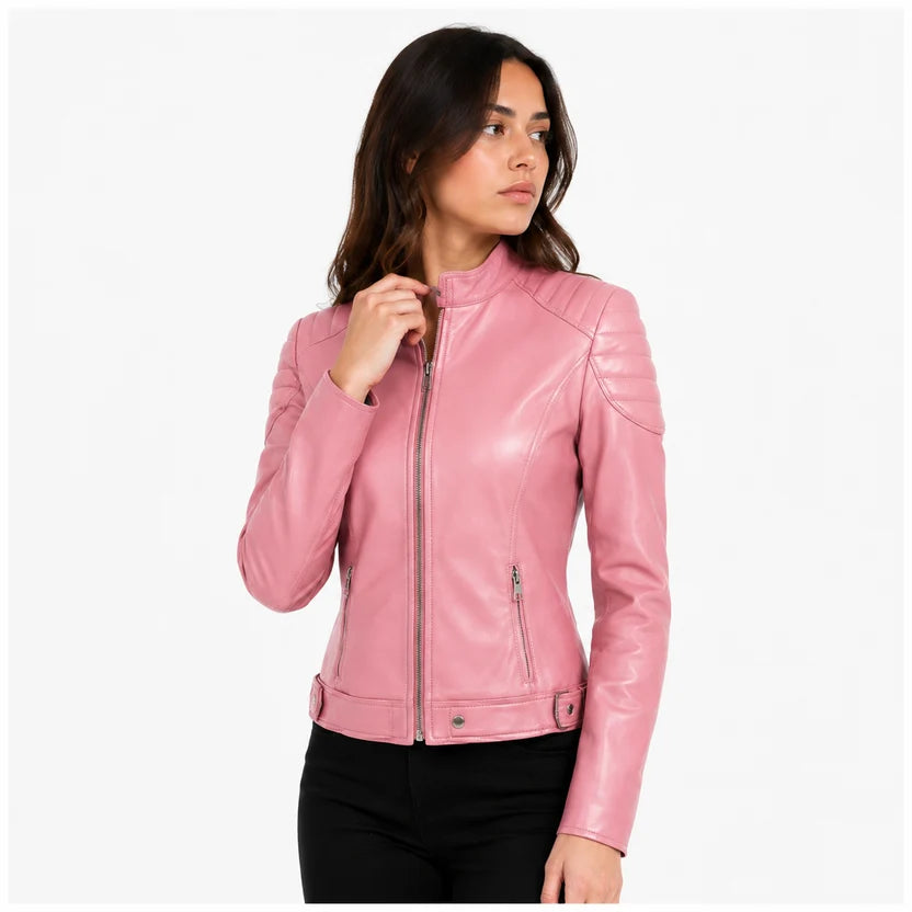 Women's Pink Genuine Leather Cafe Racer Jacket