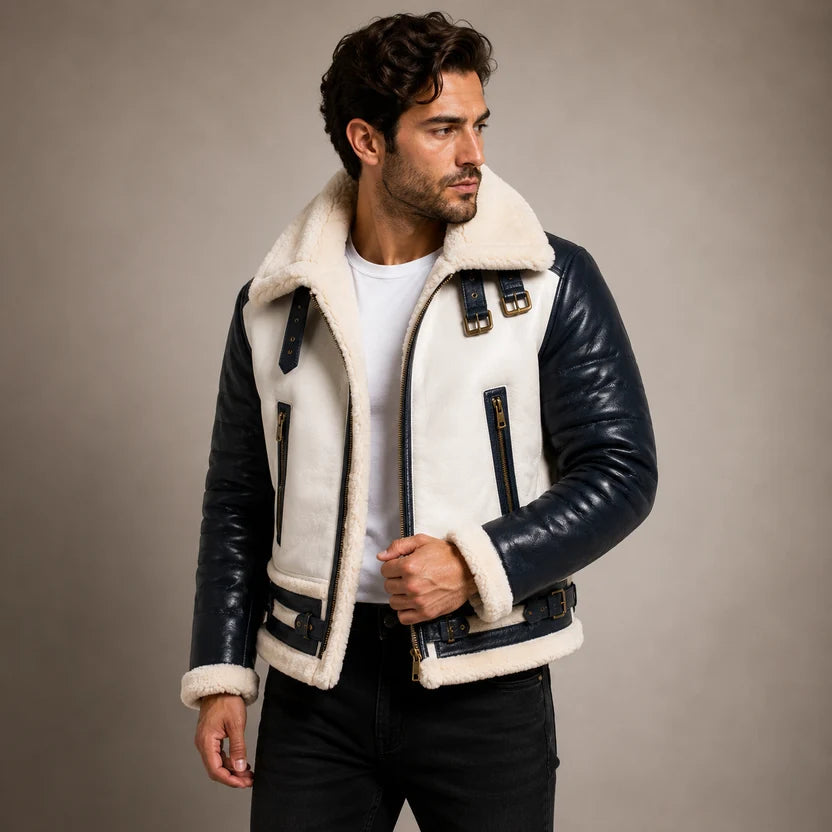 navy blue and white leather bomber jacket