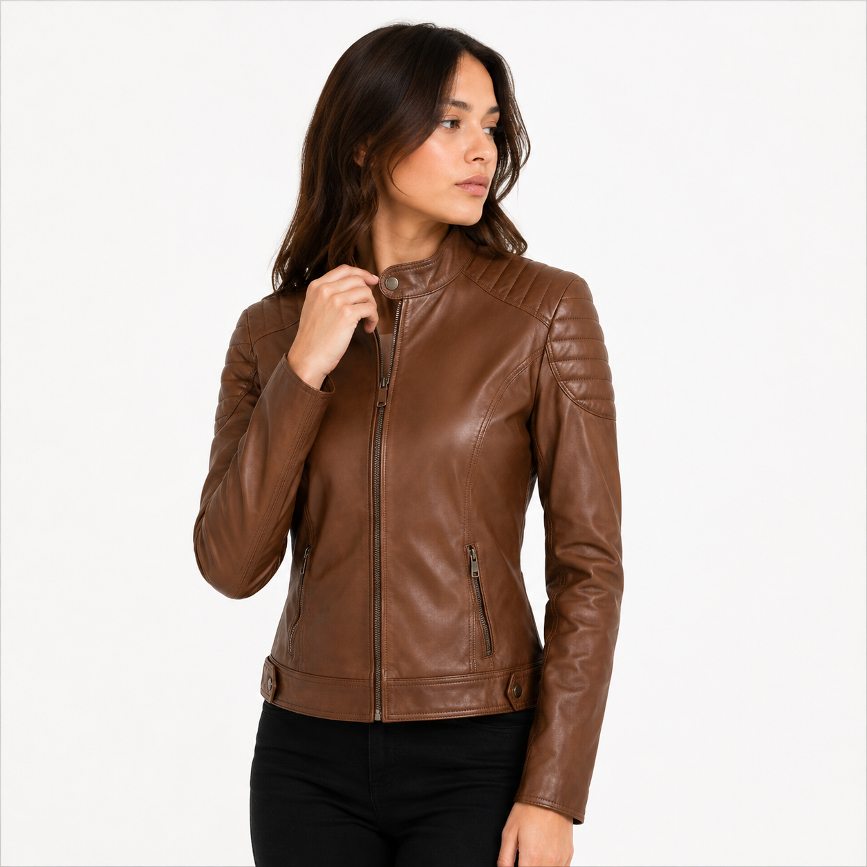 Women's Classic Cognac Brown Cafe Racer Leather Biker Jacket