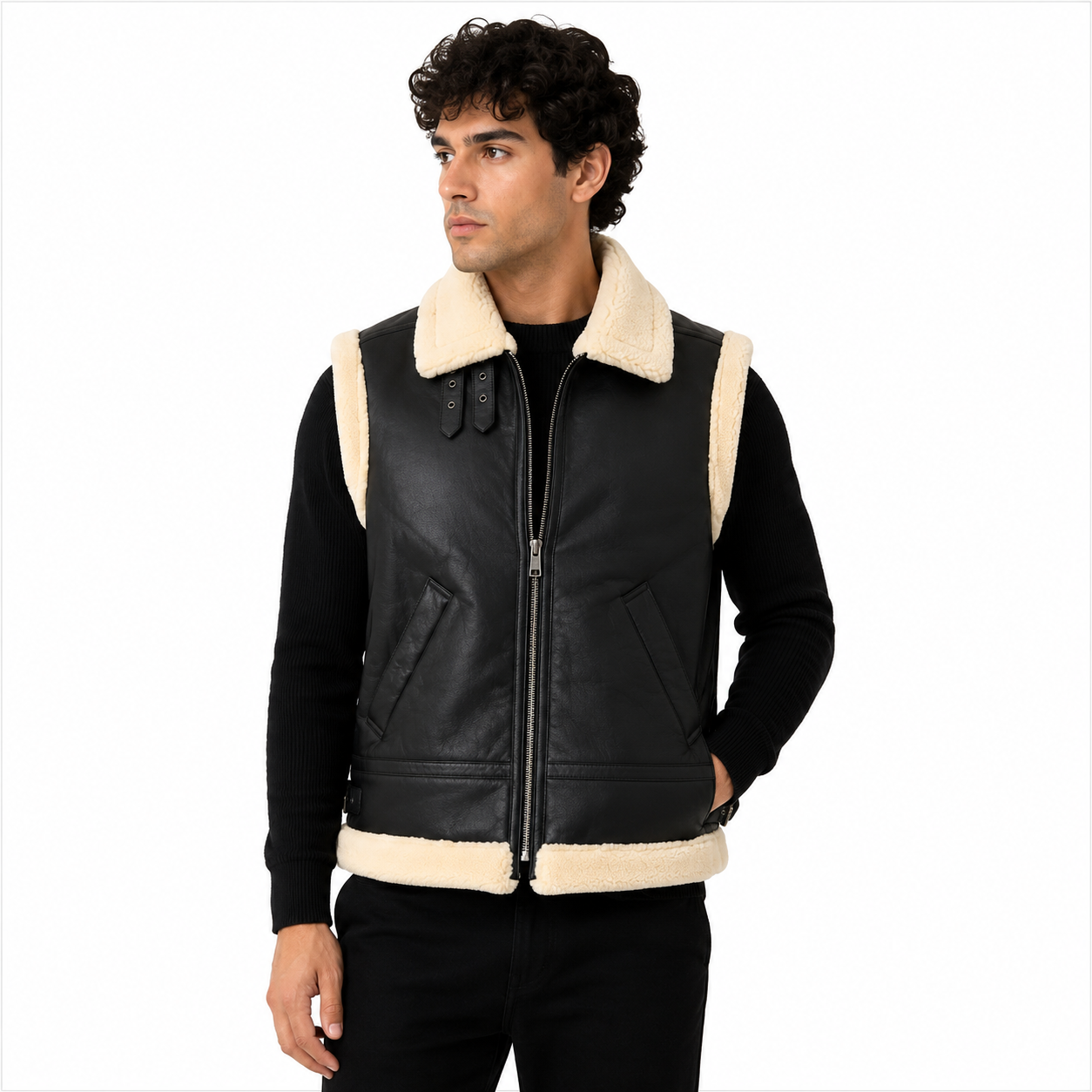 Men's Black Shearling Leather Aviator Vest