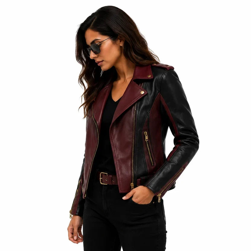 Women's Black & White Genuine Leather Moto Jacket