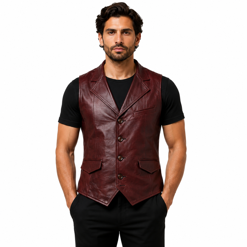 Men's Wine Red Genuine Leather Vest with Lapels 