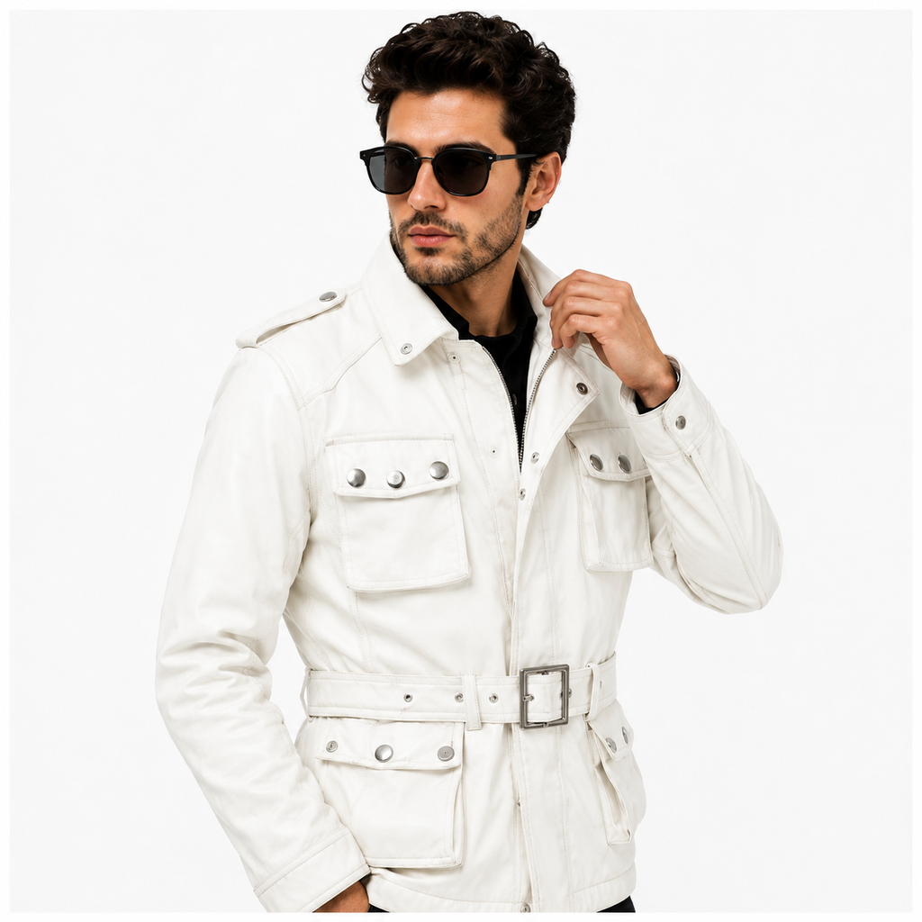 Men's White Military Safari Leather Field Jacket