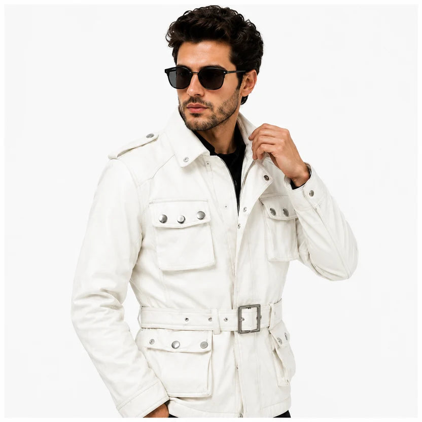 leather waist belt with silver buckle on field biker jacket