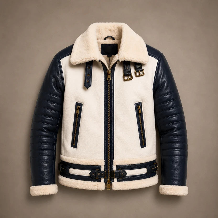 Men's Navy Blue and White Shearling Bomber Jacket