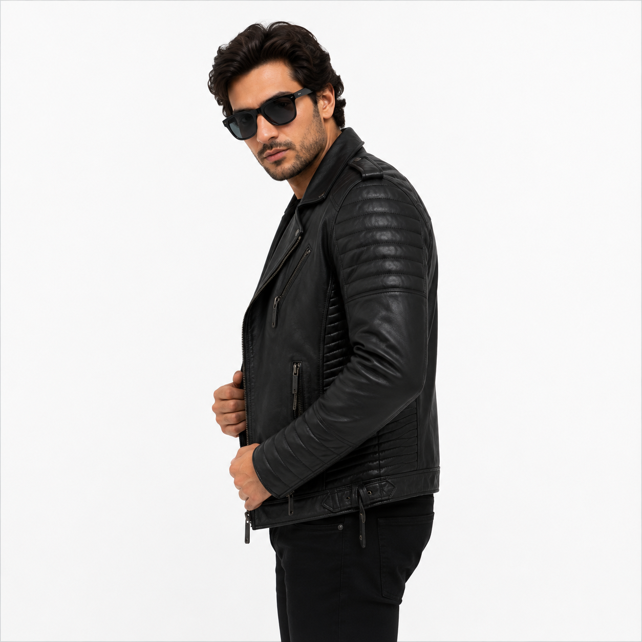 Men's Stealth Black Asymmetric Leather Biker Jacket