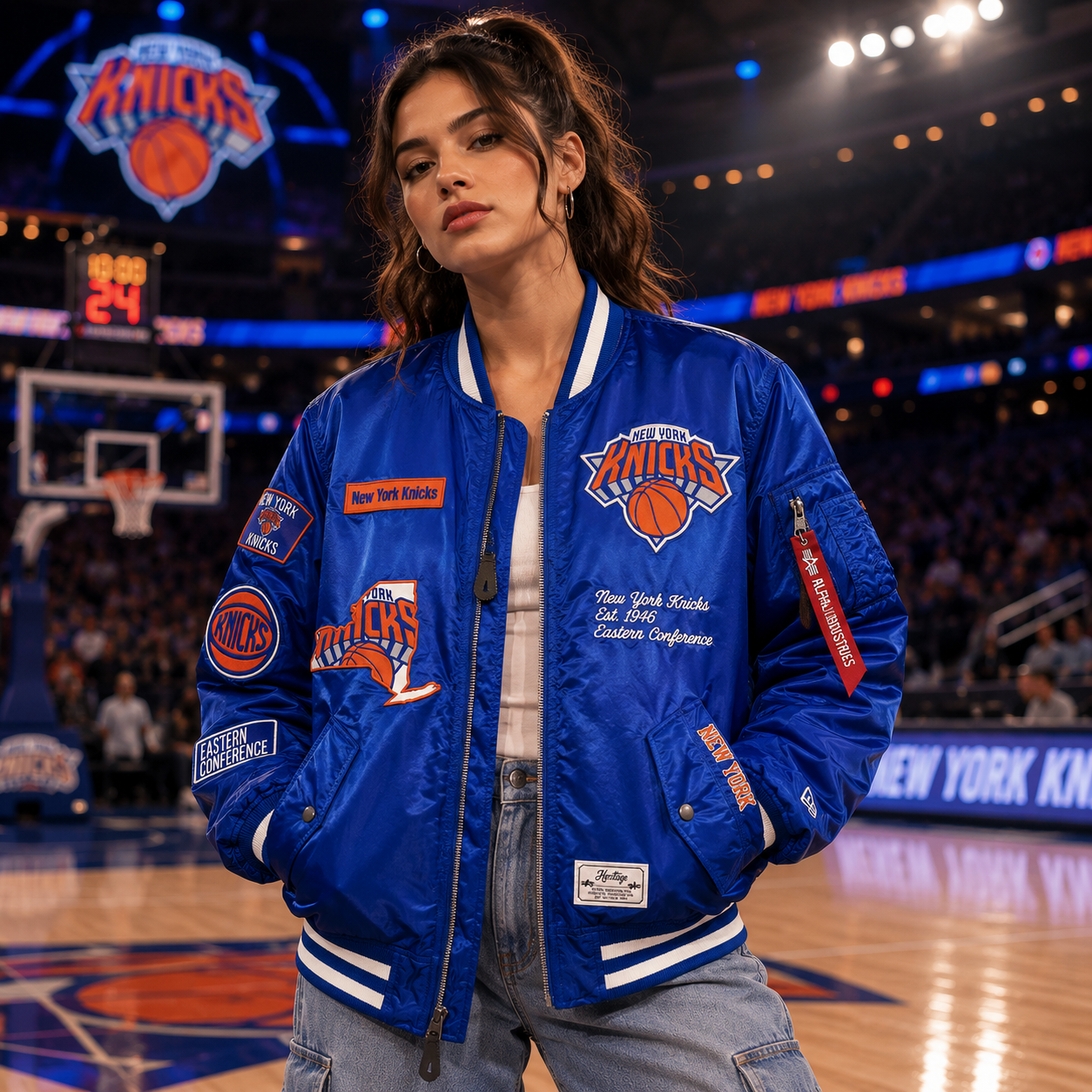 Blue New York Knicks NBA Satin Bomber Jacket with Patches and Logos