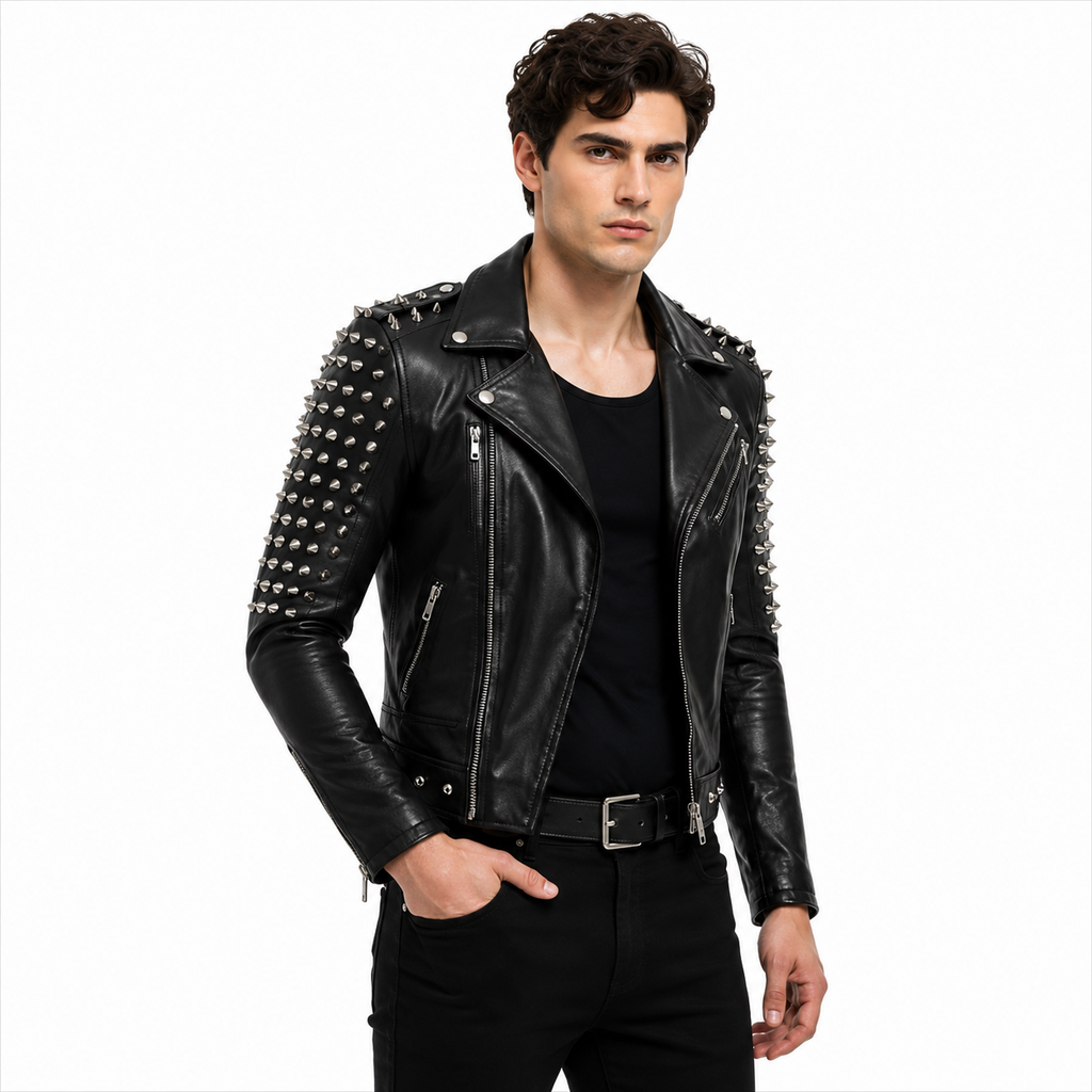 Metal Spikes Detail on Shoulders of Leather Jacket