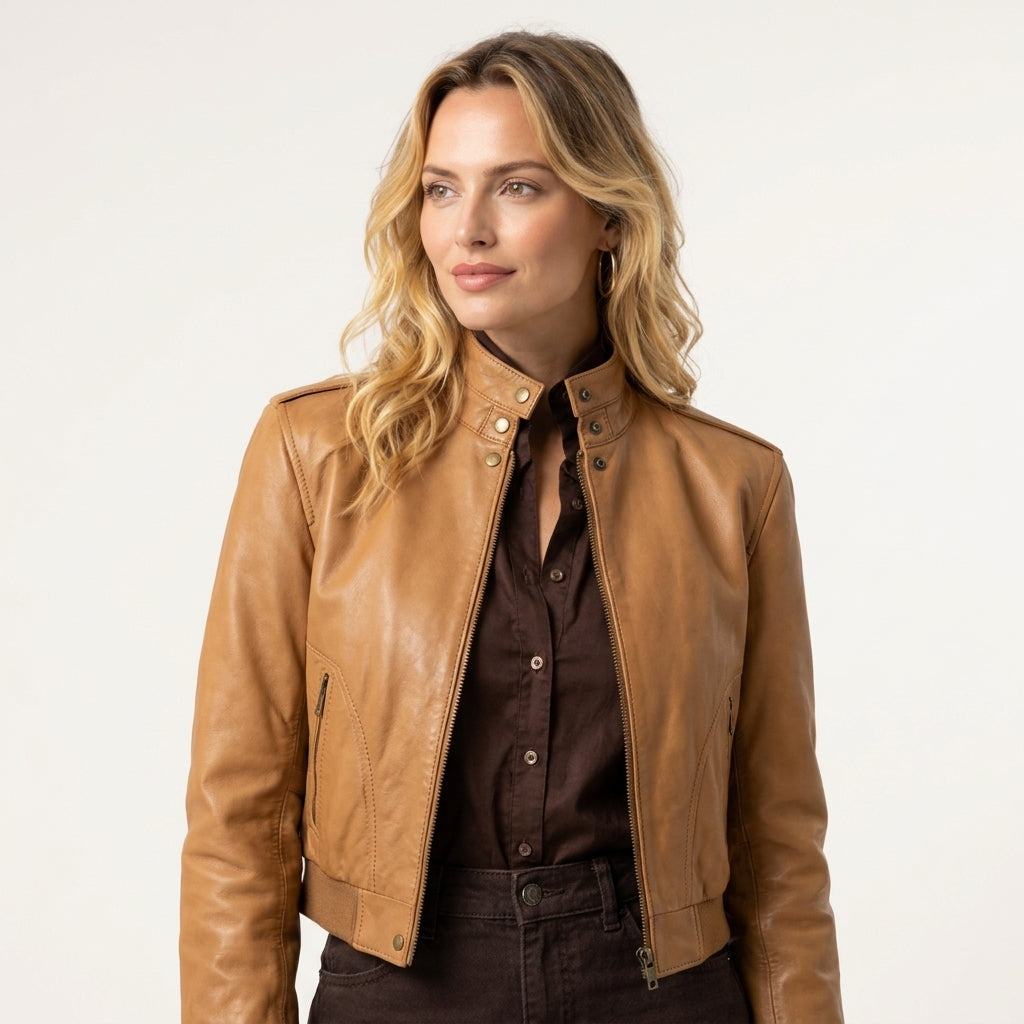 Tan women's leather jacket featuring a snap button stand-up collar, front zipper pockets, and detailed stitching