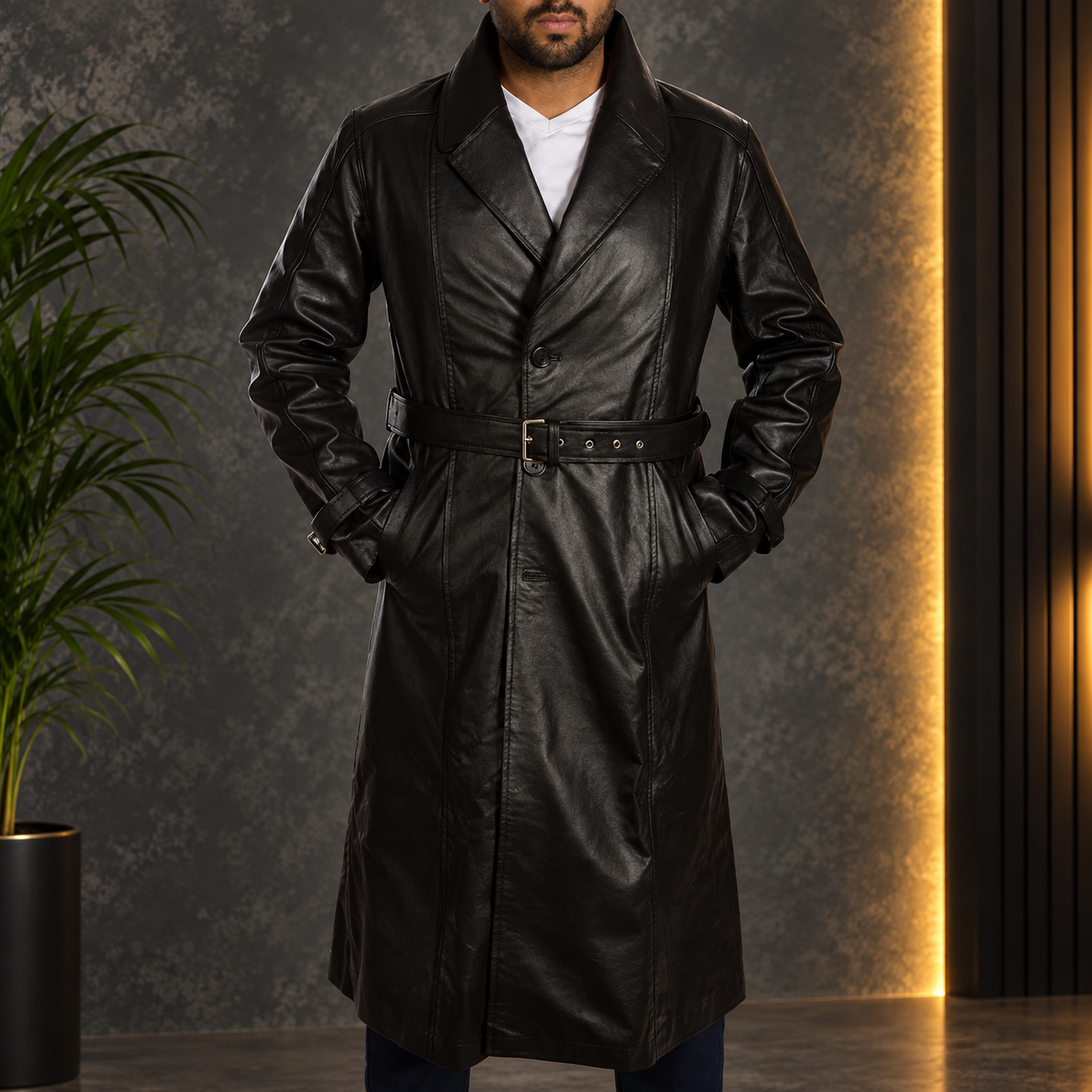 Hooligan Black Leather Trench Coat