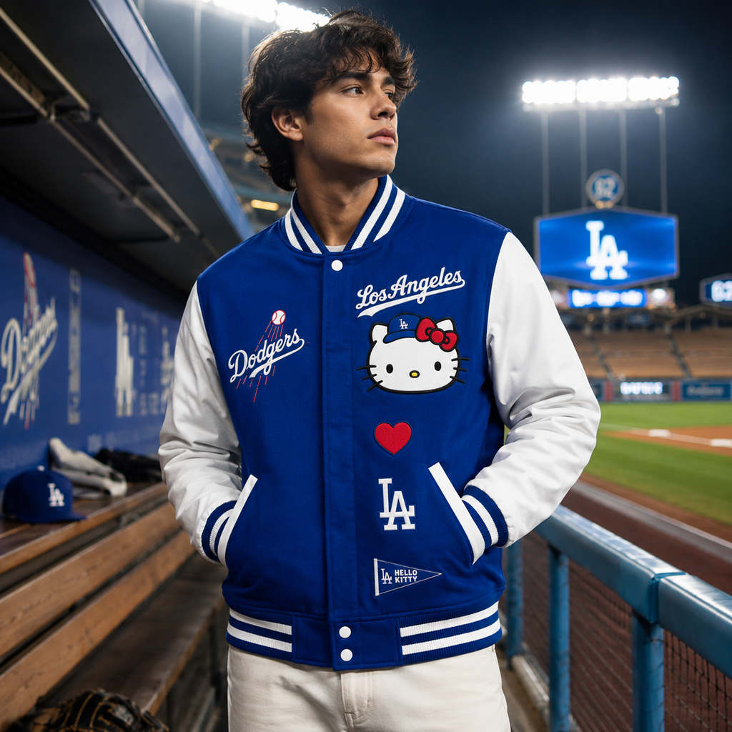 Royal Blue and White Los Angeles Dodgers Hello Kitty Varsity Jacket with Hello Kitty LA Patch