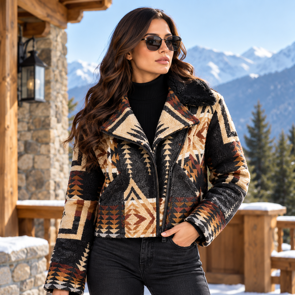 Beth Dutton inspired women’s Western fleece coat with tribal geometric print, fall winter jacket