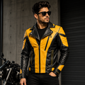 Men's Yellow and Black Biker Leather Jacket with Asymmetric Zipper