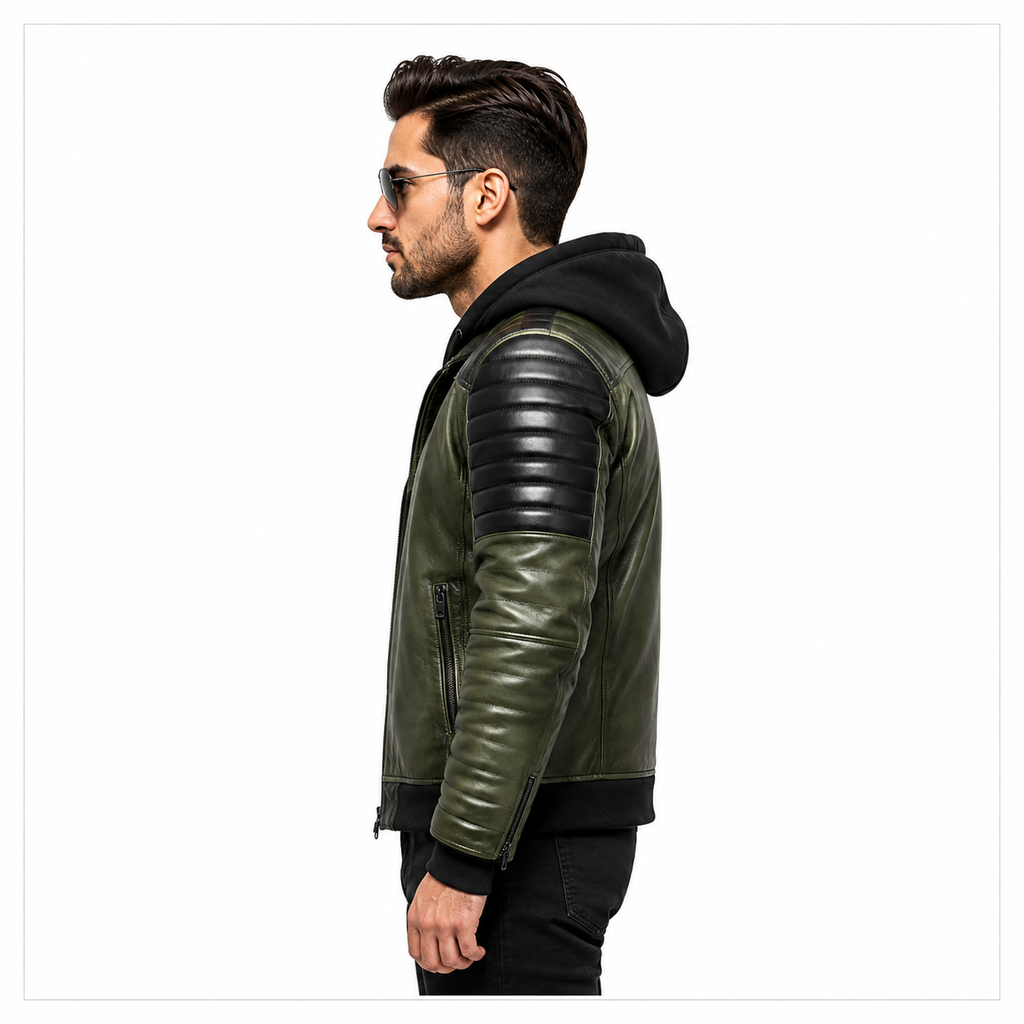 Men's olive green and black hooded leather biker jacket