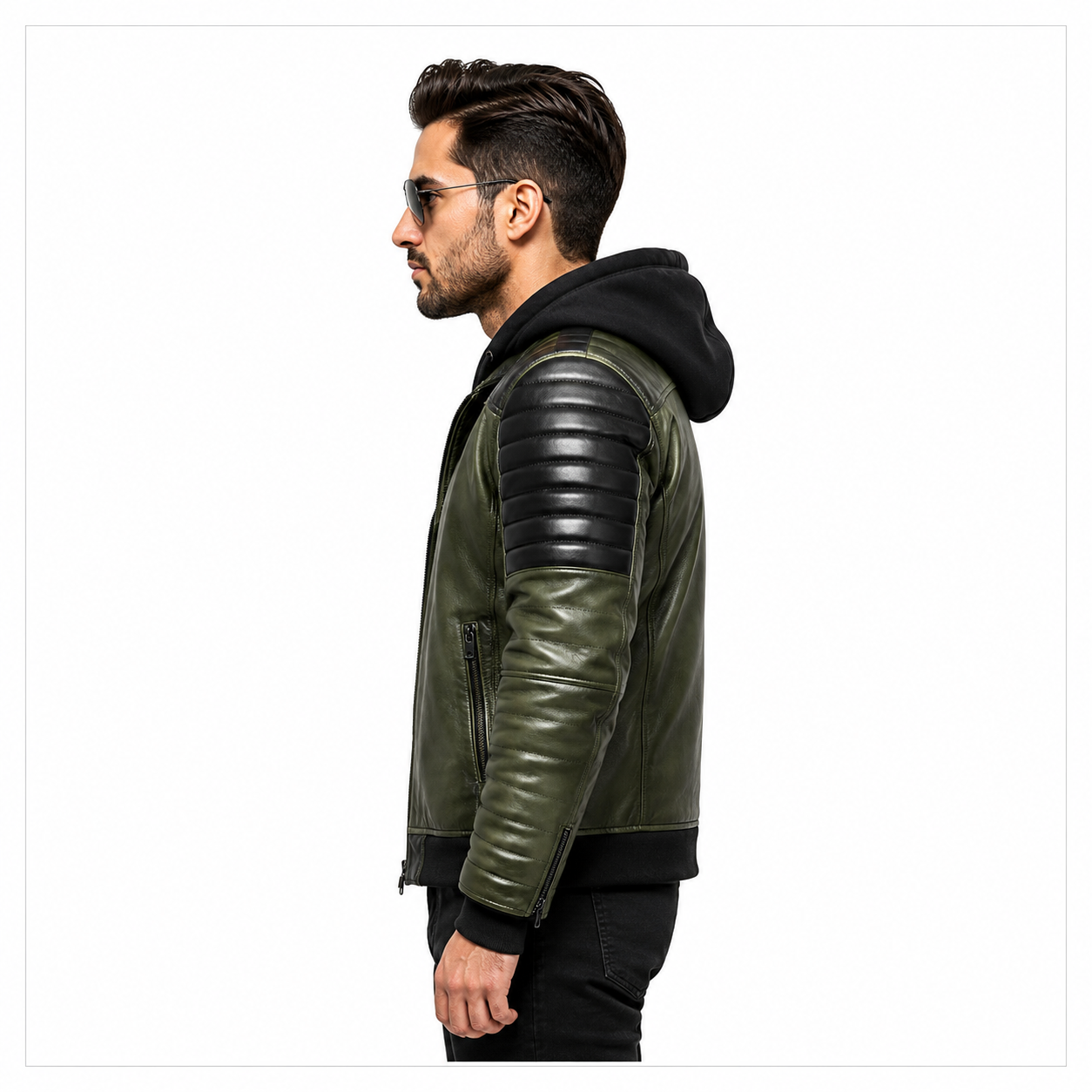Men's olive green and black hooded leather biker jacket