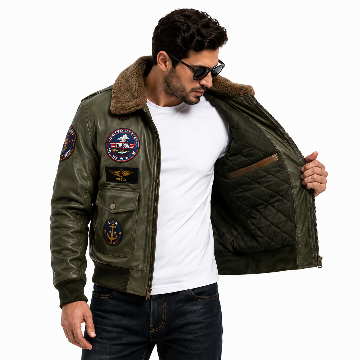 Men's Olive Green Top Gun G-1 Flight Leather Jacket