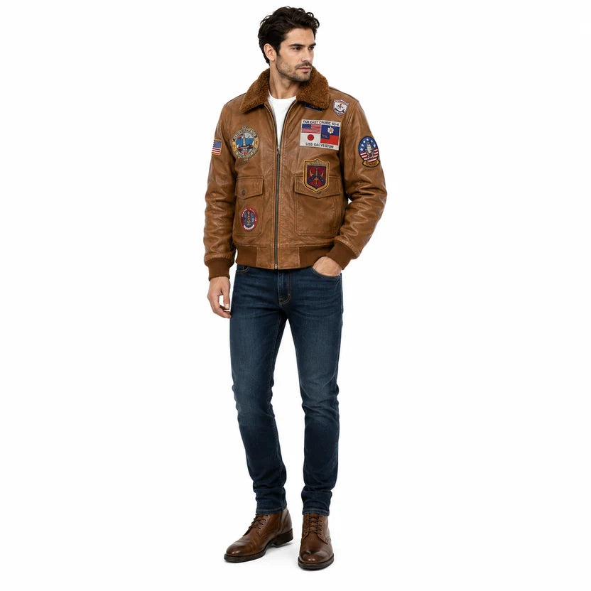 Men's Tan Genuine Leather Pilot Jacket