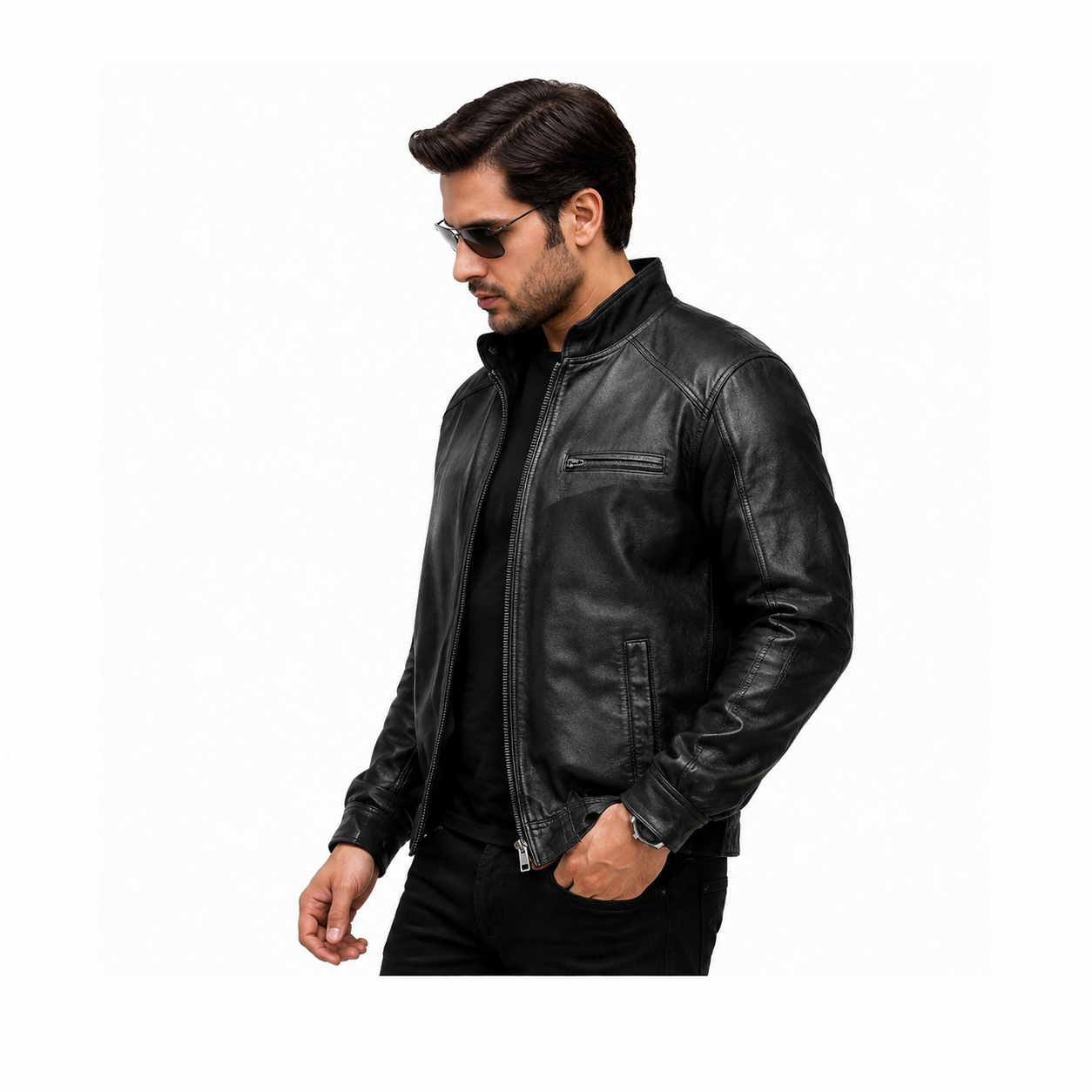 Men's black leather café racer jacket