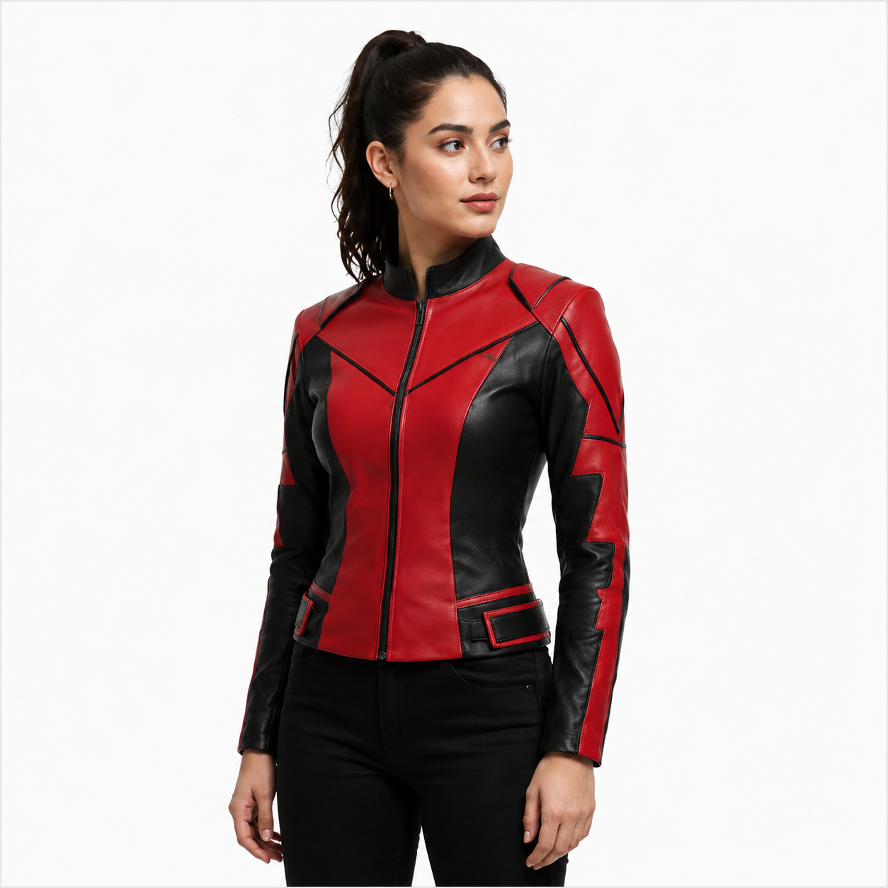 Women's Red Black Biker Leather Jacket