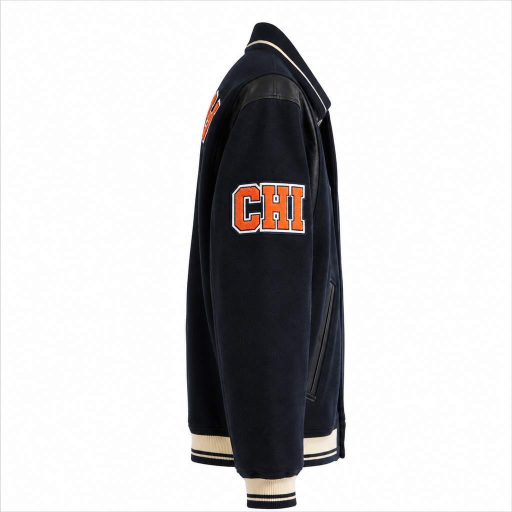 Navy Blue Chicago Bears NFL Varsity Jacket with Bear Logo and 85 Patch