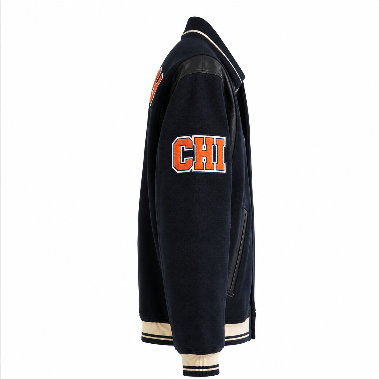 Navy Blue Chicago Bears NFL Varsity Jacket with Bear Logo and 85 Patch