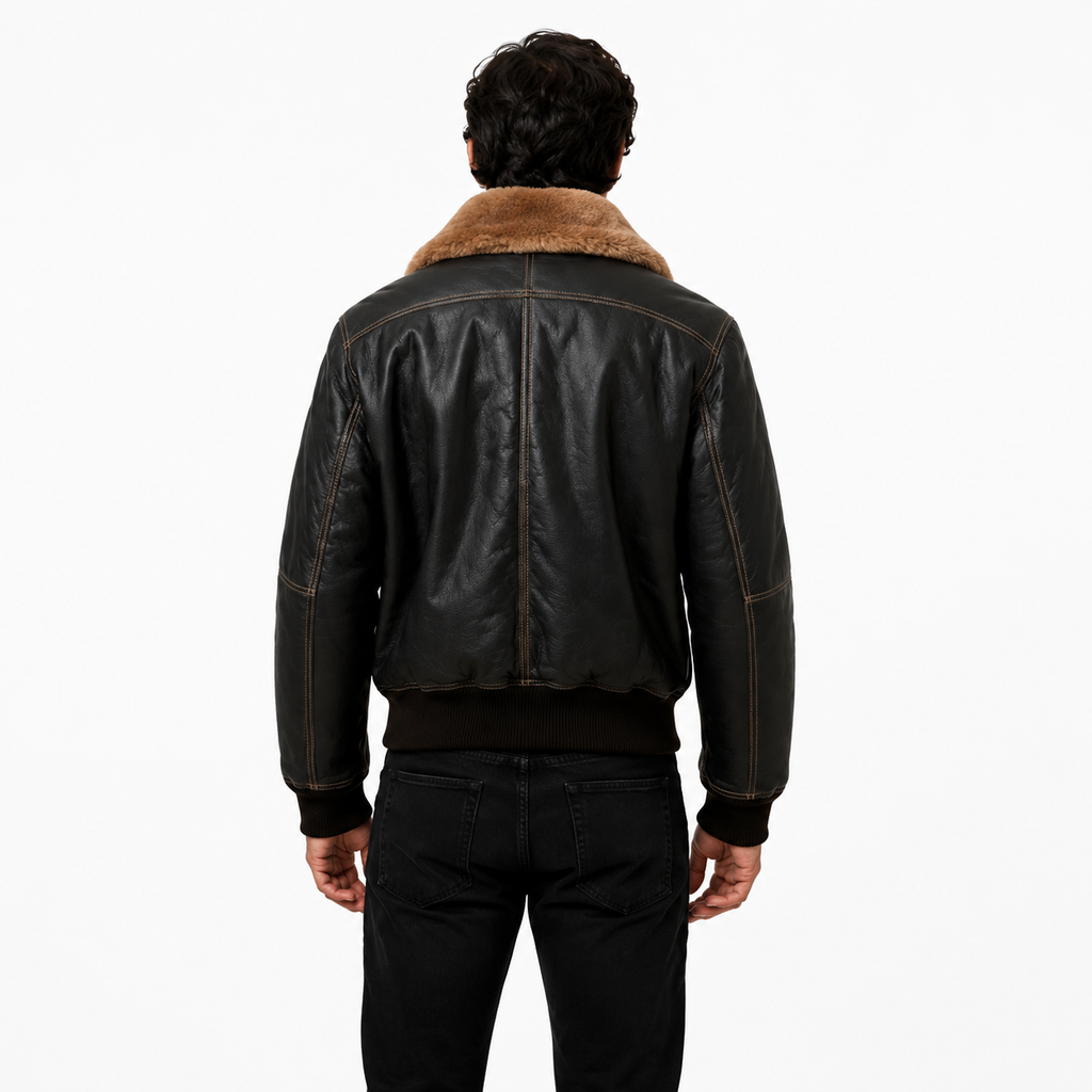 Men's black leather shearling aviator bomber jacket