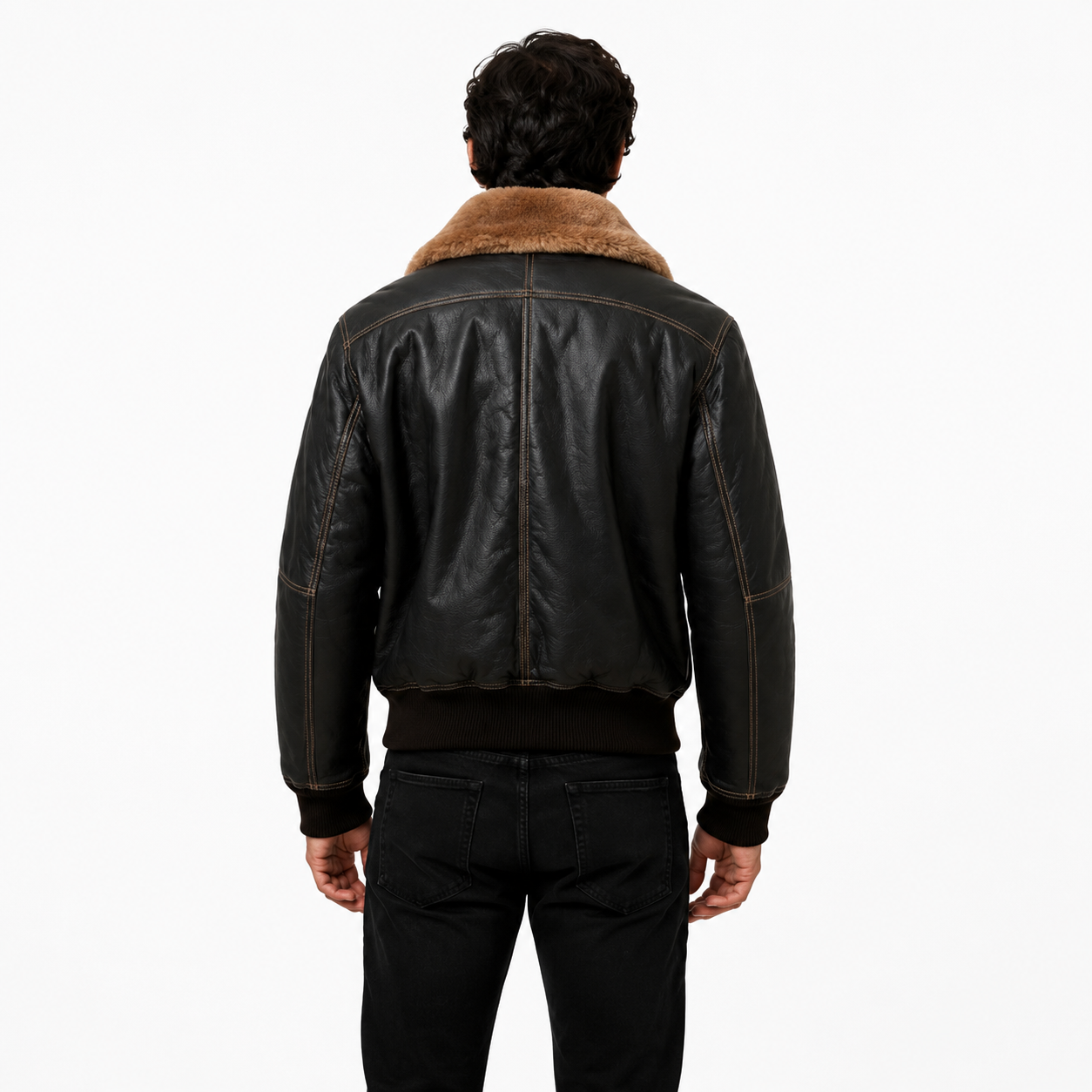 Men's black leather shearling aviator bomber jacket