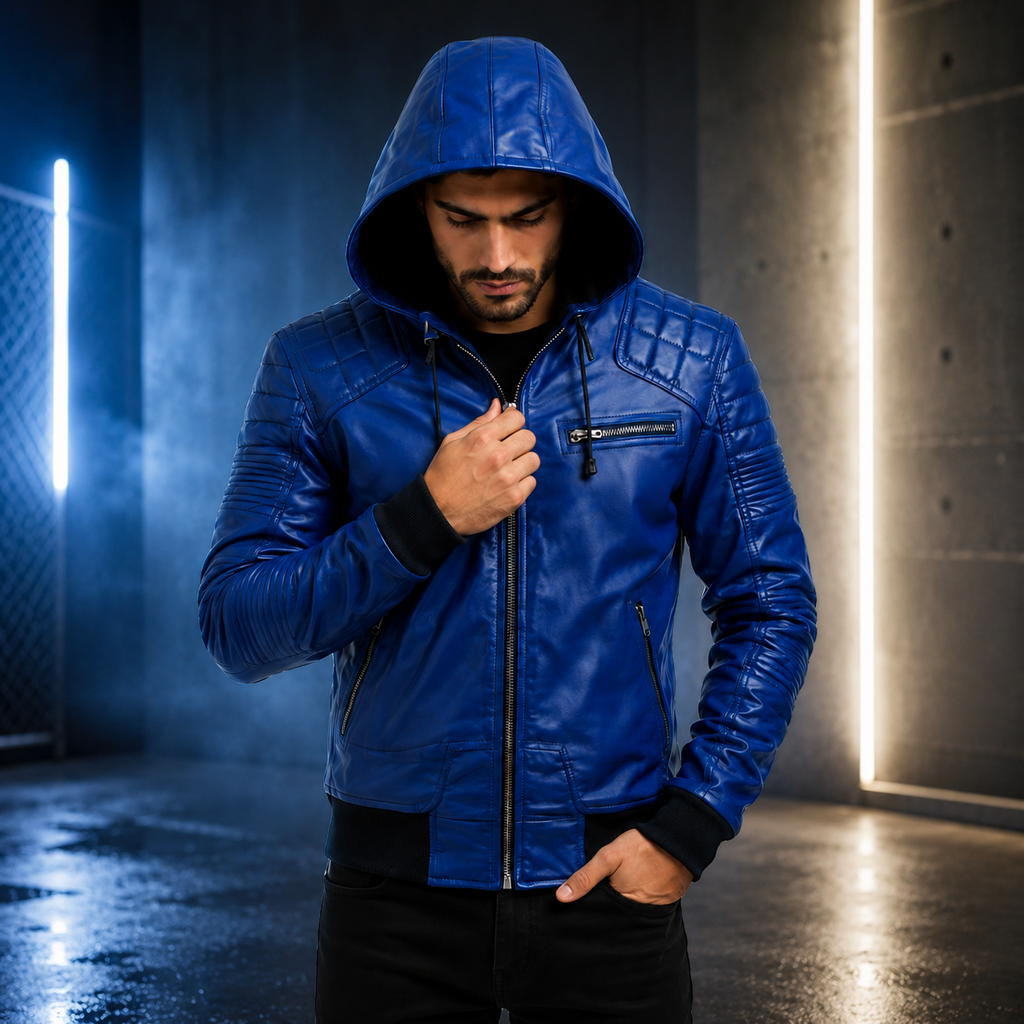 Men's Royal Blue Hooded Genuine Leather Jacket