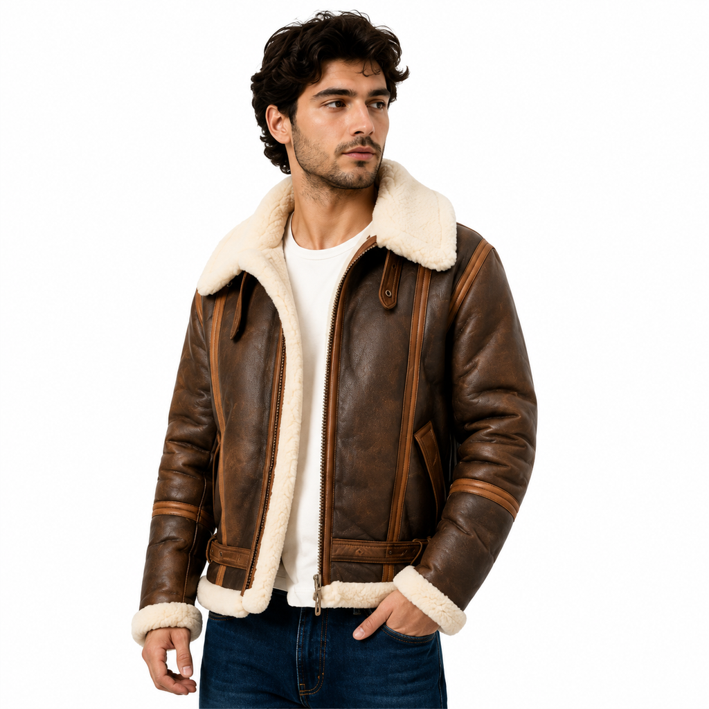 Men's vintage B-3 brown shearling leather aviator jacket