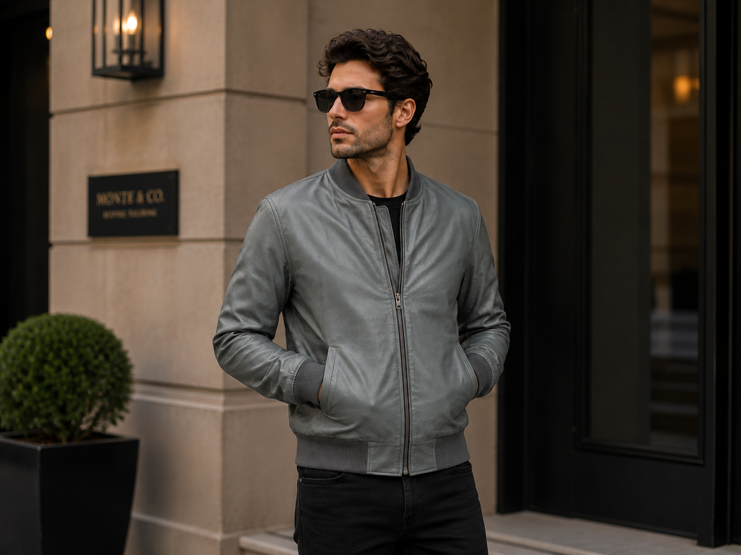 Men's Grey Genuine Leather Bomber Jacket