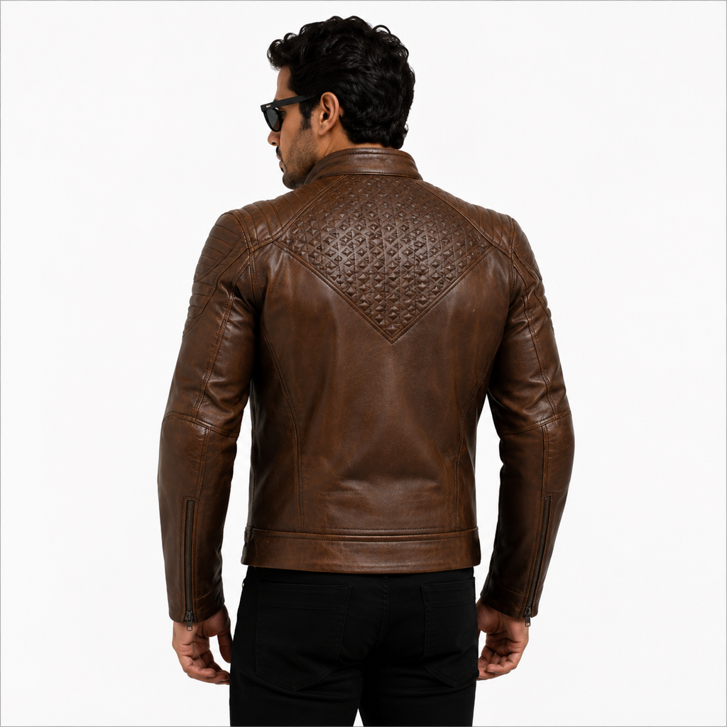 Men's Antique Brown Diamond Quilted Leather Biker Jacket