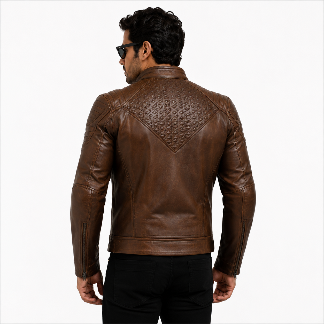 Men's Antique Brown Diamond Quilted Leather Biker Jacket