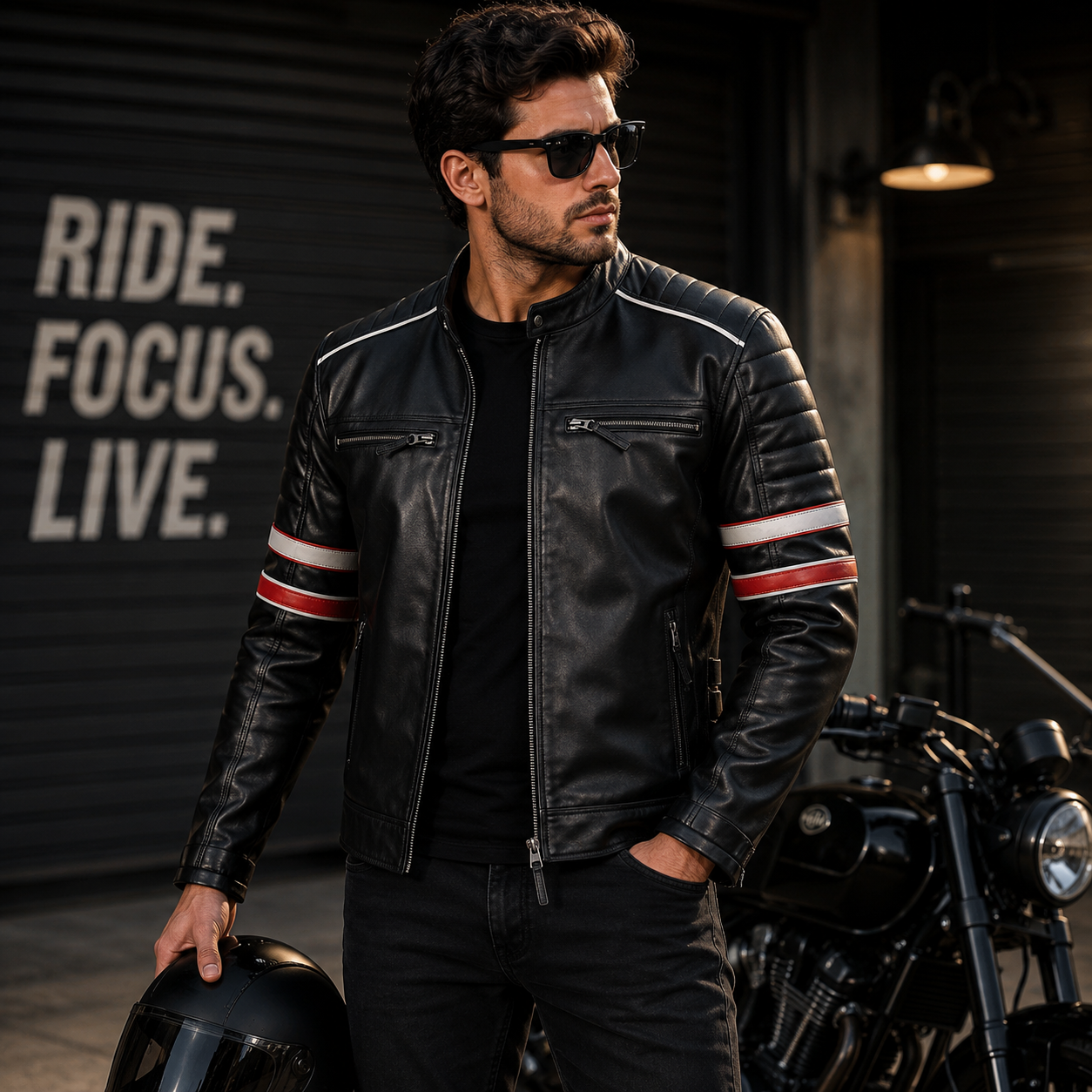 Black Leather Racer Jacket with Red & White Arm Stripes + Quilted Shoulders