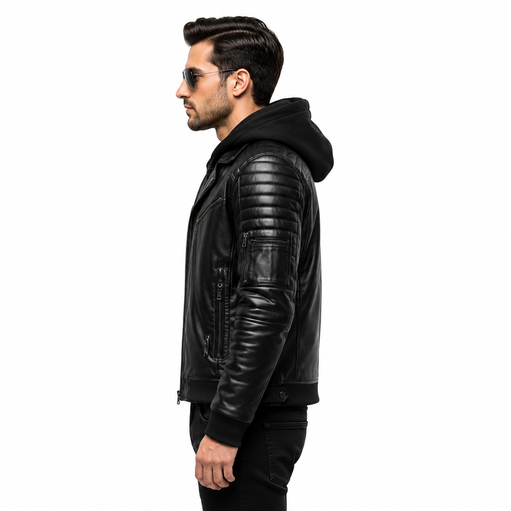 Men's hooded leather biker jacket